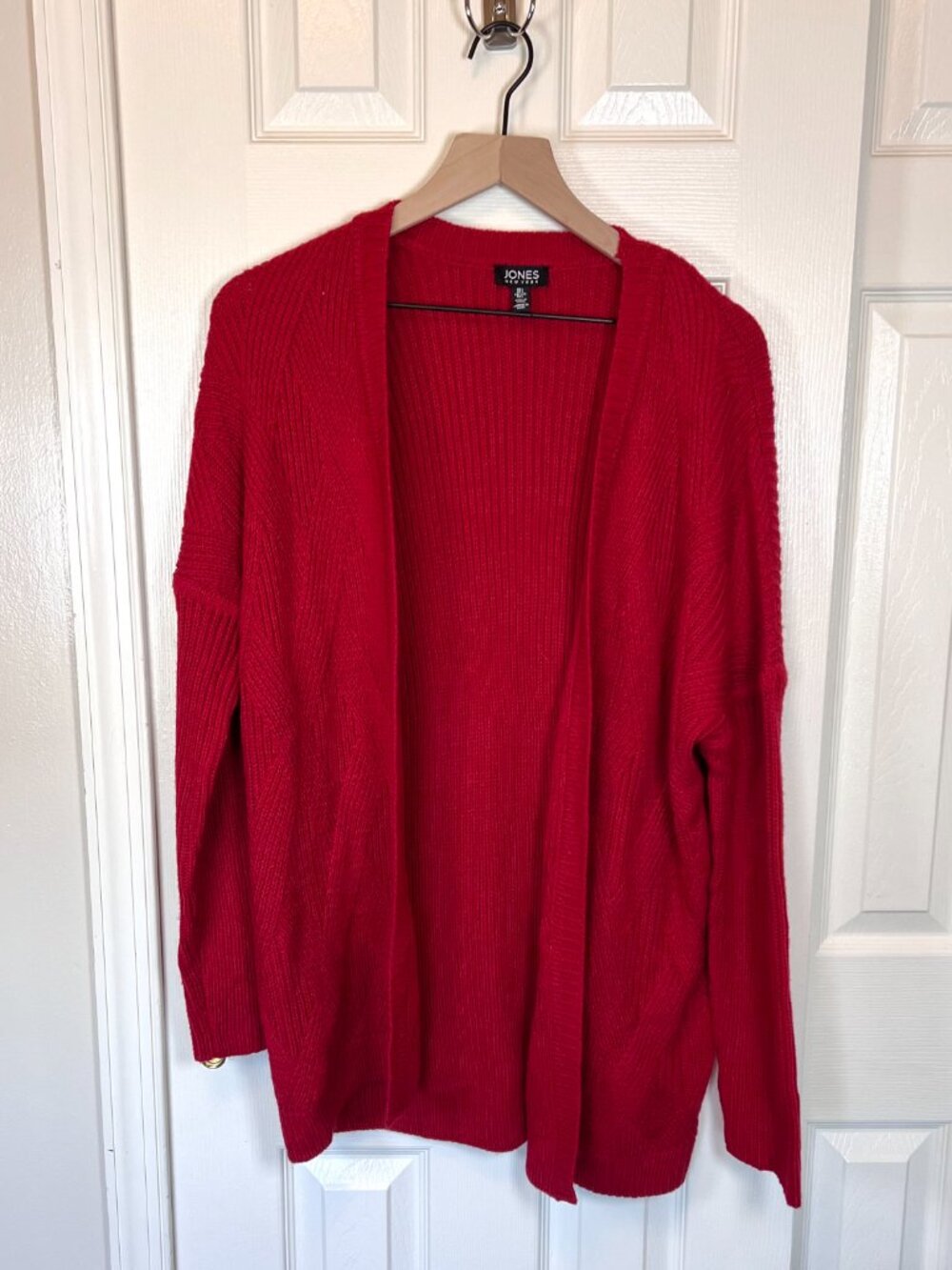 Jones New York Red Open Knit Drop Shoulder Woven Patterned Cardigan Size L